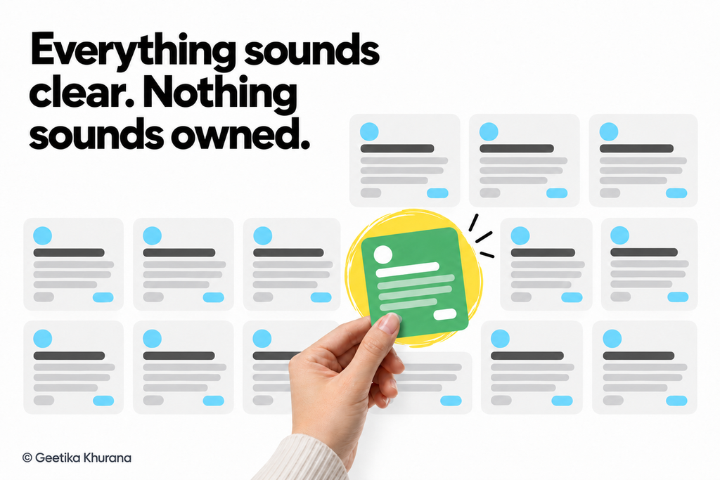 Illustration of identical generic content cards in a grid, with a hand pulling one distinct green card out of the crowd, next to the text 'Everything sounds clear. Nothing sounds owned' — illustrating how AI-generated branding blends in - made by Geetika khurana