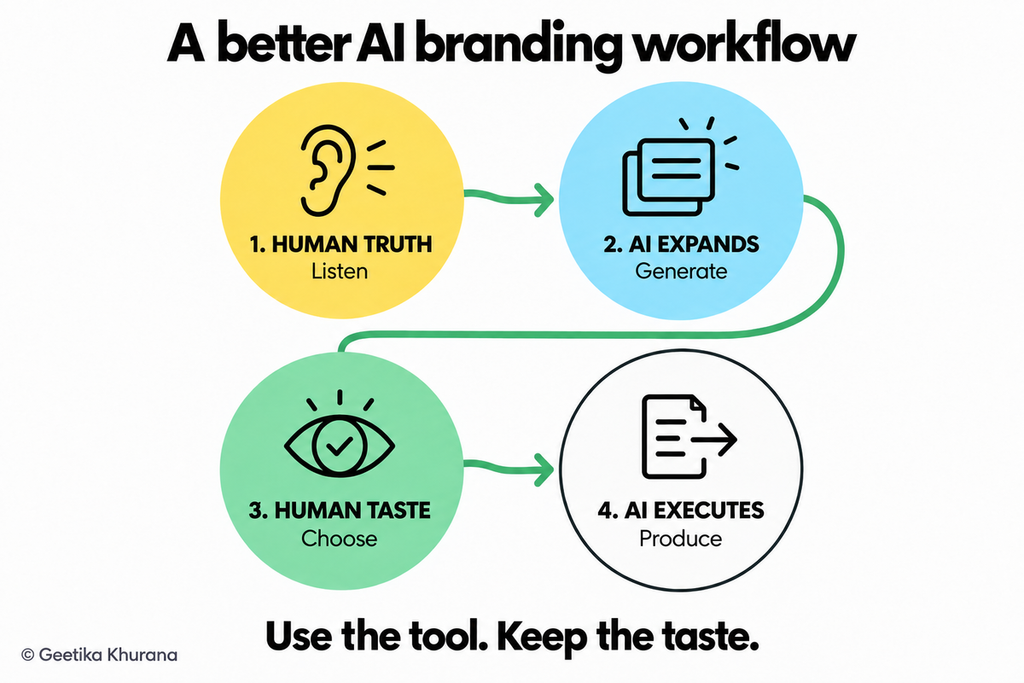 Four-step diagram by Geetika Khurana titled 'A Better AI Branding Workflow': Human Truth (Listen), AI Expands (Generate), Human Taste (Choose), AI Executes (Produce), with the tagline 'Use the tool. Keep the taste.'"