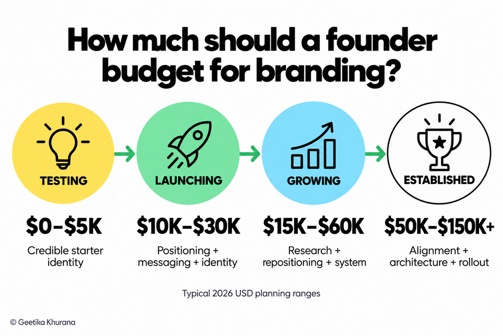 Branding budget guide by business stage: Testing $0–$5K for a credible starter identity, Launching $10K–$30K for positioning, messaging and identity, Growing $15K–$60K for research, repositioning and system, Established $50K–$150K+ for alignment, architecture and rollout.